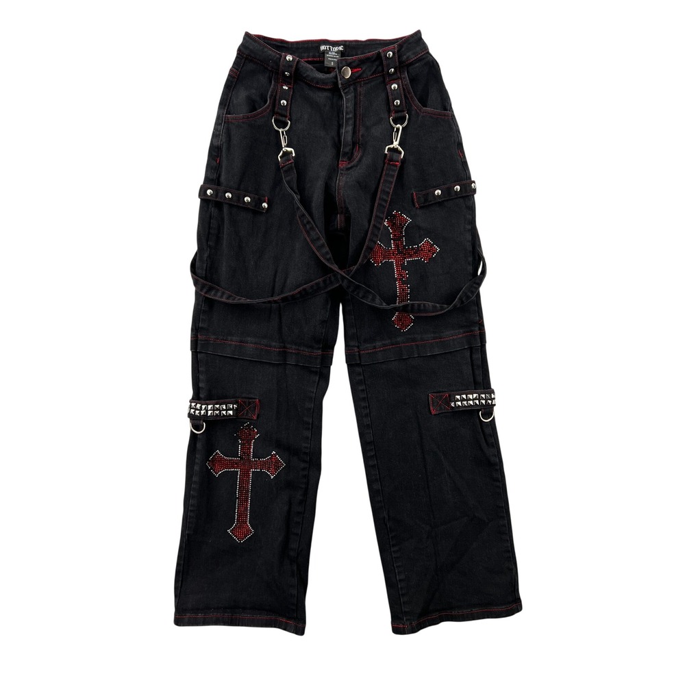 Hot Topic Black Red Rhinestone Cross Studded Wide Leg Mall Goth Pants Size 5 Emo
